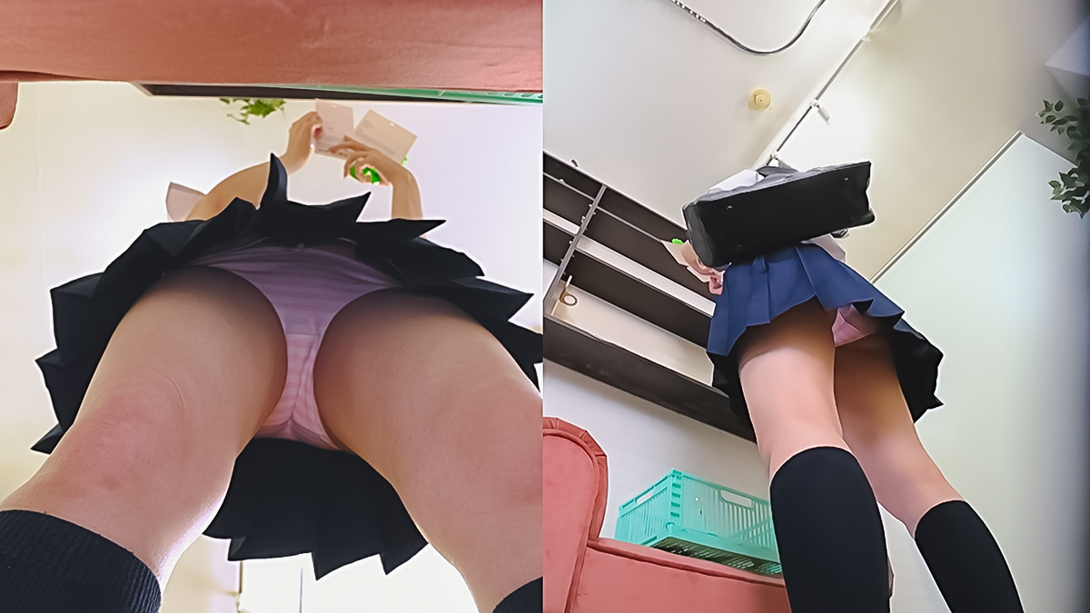 雑貨屋ローアン隠撮 vol.9 色白清楚系美脚JKを前から後から2カメ同時逆さ撮り+しゃがみP2日分