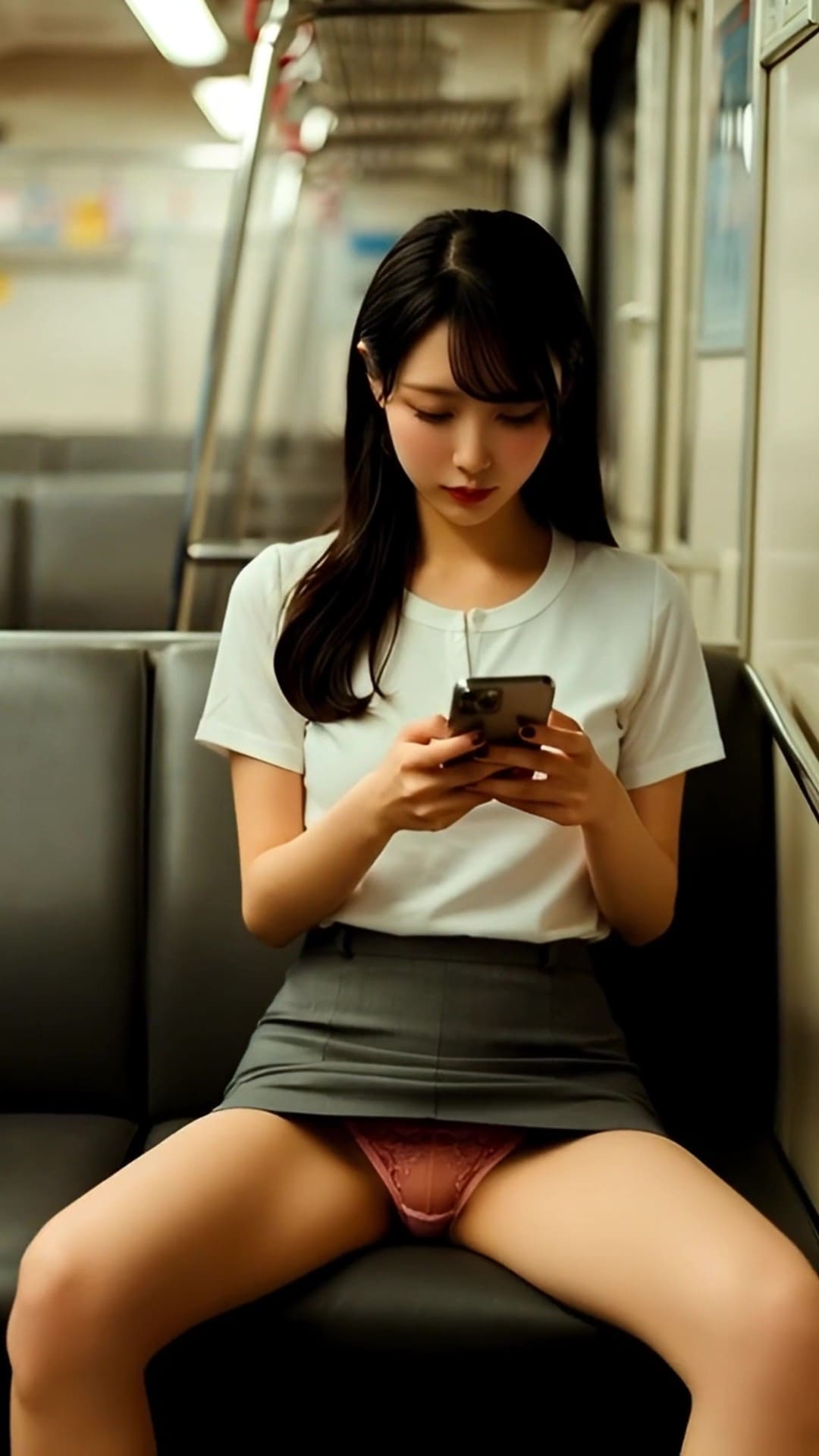 揺れる電車内、スマホに夢中な女子たちの無防備に開く美脚からパンチラ拝見!