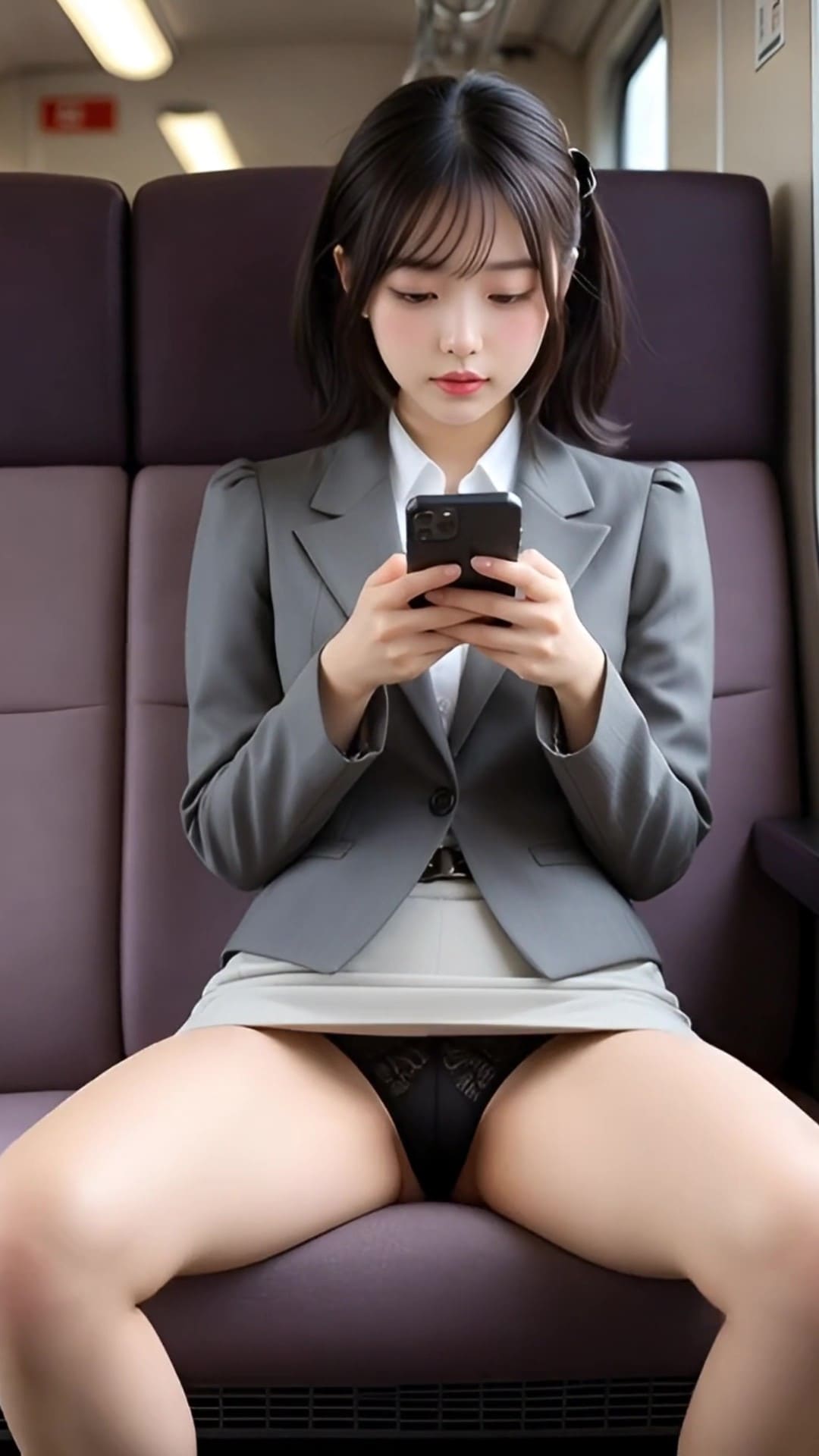 揺れる電車内、スマホに夢中な女子たちの無防備に開く美脚からパンチラ拝見!