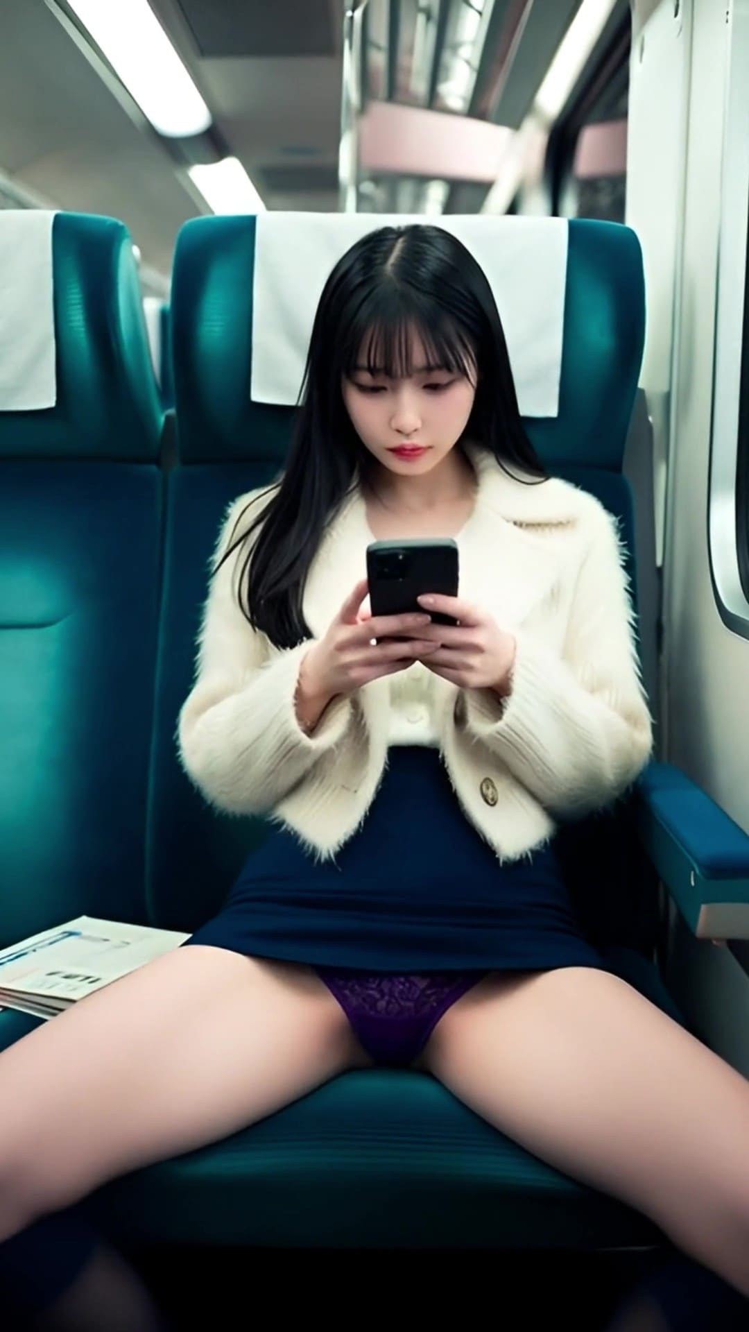 揺れる電車内、スマホに夢中な女子たちの無防備に開く美脚からパンチラ拝見!