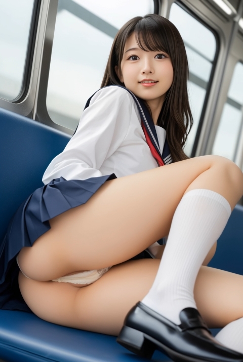 〖AI動画〗秘密の電車内、セーラー服の彼女が魅せた大股開きの美脚が誘う