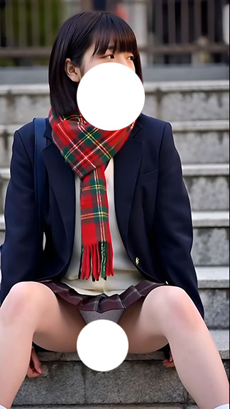 【AI創作パンチラシチュエーション Vol.3】強風ハプニング&階段で晒す水玉パンツ【風&座りパンチラ】