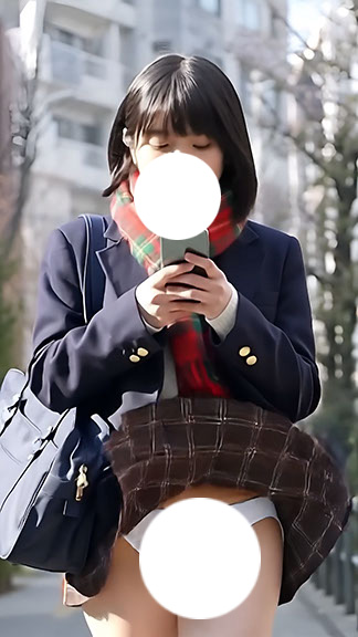 【AI創作パンチラシチュエーション Vol.3】強風ハプニング&階段で晒す水玉パンツ【風&座りパンチラ】