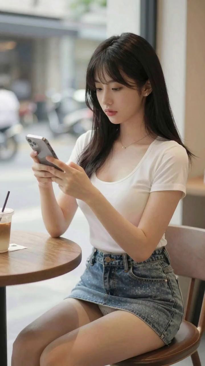 【目を惹く瞬間】デニムミニスカートJDの対面パンチラ動画