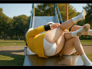 【AI動画】ある黄色い衣装の鼓笛隊の一日(前篇)・ジャングルジム等で遊んで白アンスコ丸見え