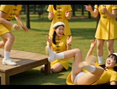 【AI動画】ある黄色い衣装の鼓笛隊の一日(後篇)・押し相撲やステージ等で白アンスコ丸見え