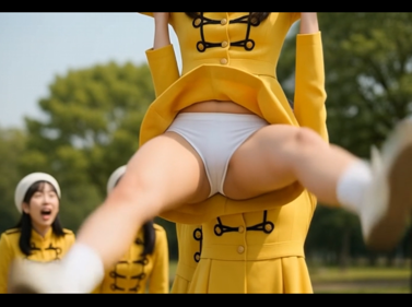 【AI動画】ある黄色い衣装の鼓笛隊の一日(後篇)・押し相撲やステージ等で白アンスコ丸見え