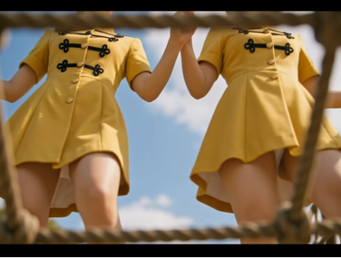 【AI動画】ある黄色い衣装の鼓笛隊の一日(後篇)・押し相撲やステージ等で白アンスコ丸見え