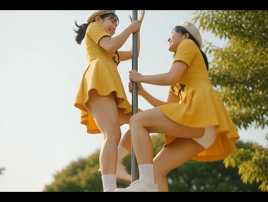 【AI動画】ある黄色い衣装の鼓笛隊の一日(後篇)・押し相撲やステージ等で白アンスコ丸見え