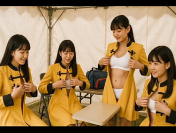 【AI動画】ある黄色い衣装の鼓笛隊の一日(後篇)・押し相撲やステージ等で白アンスコ丸見え