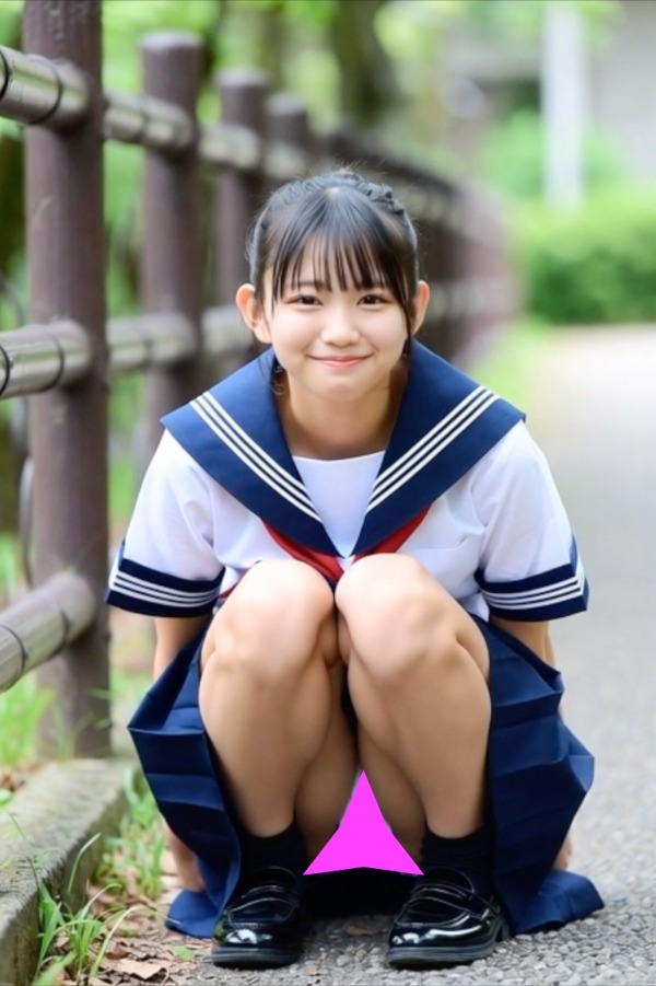 清楚なセーラー服美少女が、無防備にしゃがみ込んで…可愛らしいパンティ見えっぱなし♡