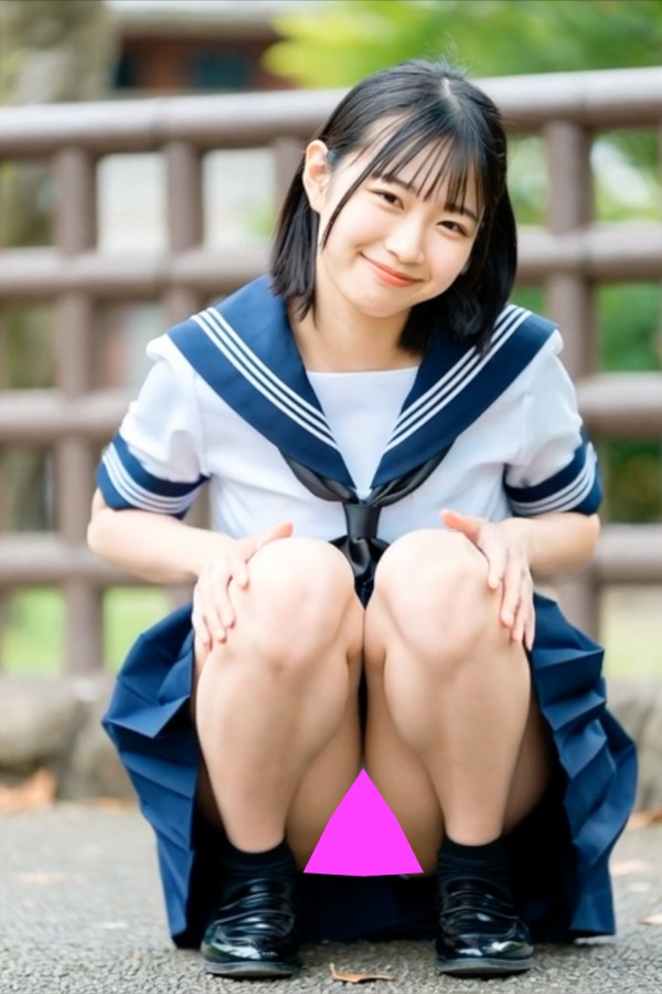 清楚なセーラー服美少女が、無防備にしゃがみ込んで…可愛らしいパンティ見えっぱなし♡