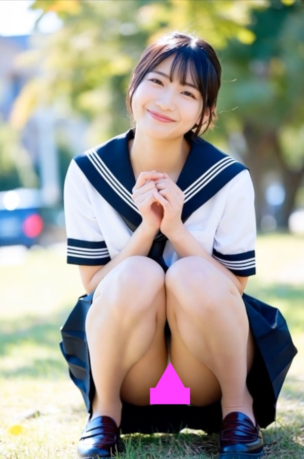 清楚なセーラー服美少女が、無防備にしゃがみ込んで…可愛らしいパンティ見えっぱなし♡