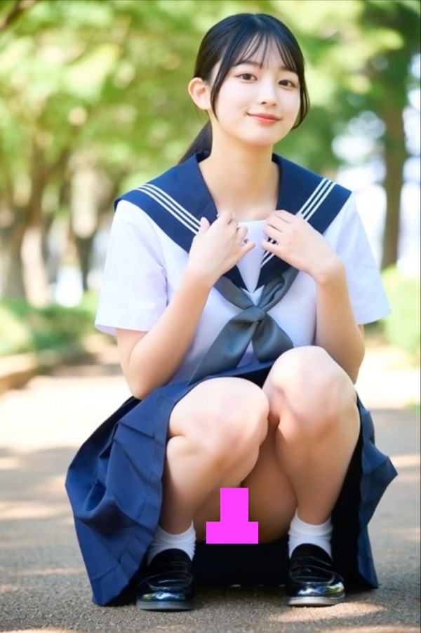 清楚なセーラー服美少女が、無防備にしゃがみ込んで…可愛らしいパンティ見えっぱなし♡