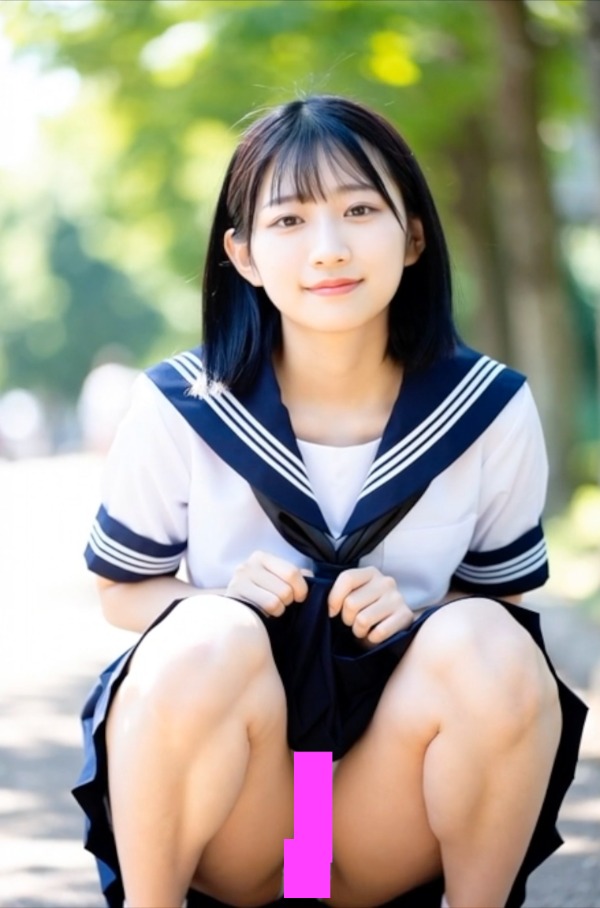 清楚なセーラー服美少女が、無防備にしゃがみ込んで…可愛らしいパンティ見えっぱなし♡