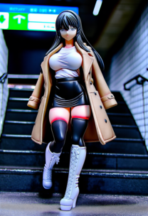 【フィギュア風】疲れた大学生の帰宅途中2 ~市営地下鉄の階段を上る彼女~ 白T×トレンチ×黒レザースカート×白ブーツ黒ニーソ