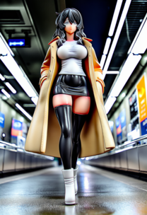 【フィギュア風】疲れた大学生の帰宅途中2 ~市営地下鉄の階段を上る彼女~ 白T×トレンチ×黒レザースカート×白ブーツ黒ニーソ