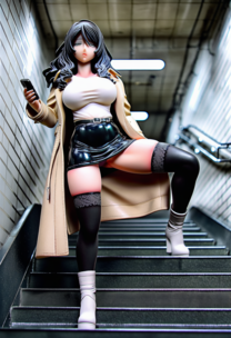 【フィギュア風】疲れた大学生の帰宅途中2 ~市営地下鉄の階段を上る彼女~ 白T×トレンチ×黒レザースカート×白ブーツ黒ニーソ