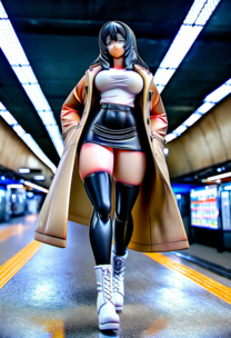 【フィギュア風】疲れた大学生の帰宅途中2 ~市営地下鉄の階段を上る彼女~ 白T×トレンチ×黒レザースカート×白ブーツ黒ニーソ