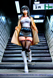 【フィギュア風】疲れた大学生の帰宅途中2 ~市営地下鉄の階段を上る彼女~ 白T×トレンチ×黒レザースカート×白ブーツ黒ニーソ